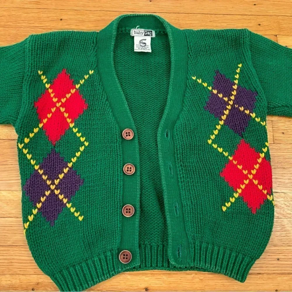 Baby Gap Vintage Green Argyle Cardigan Sweater